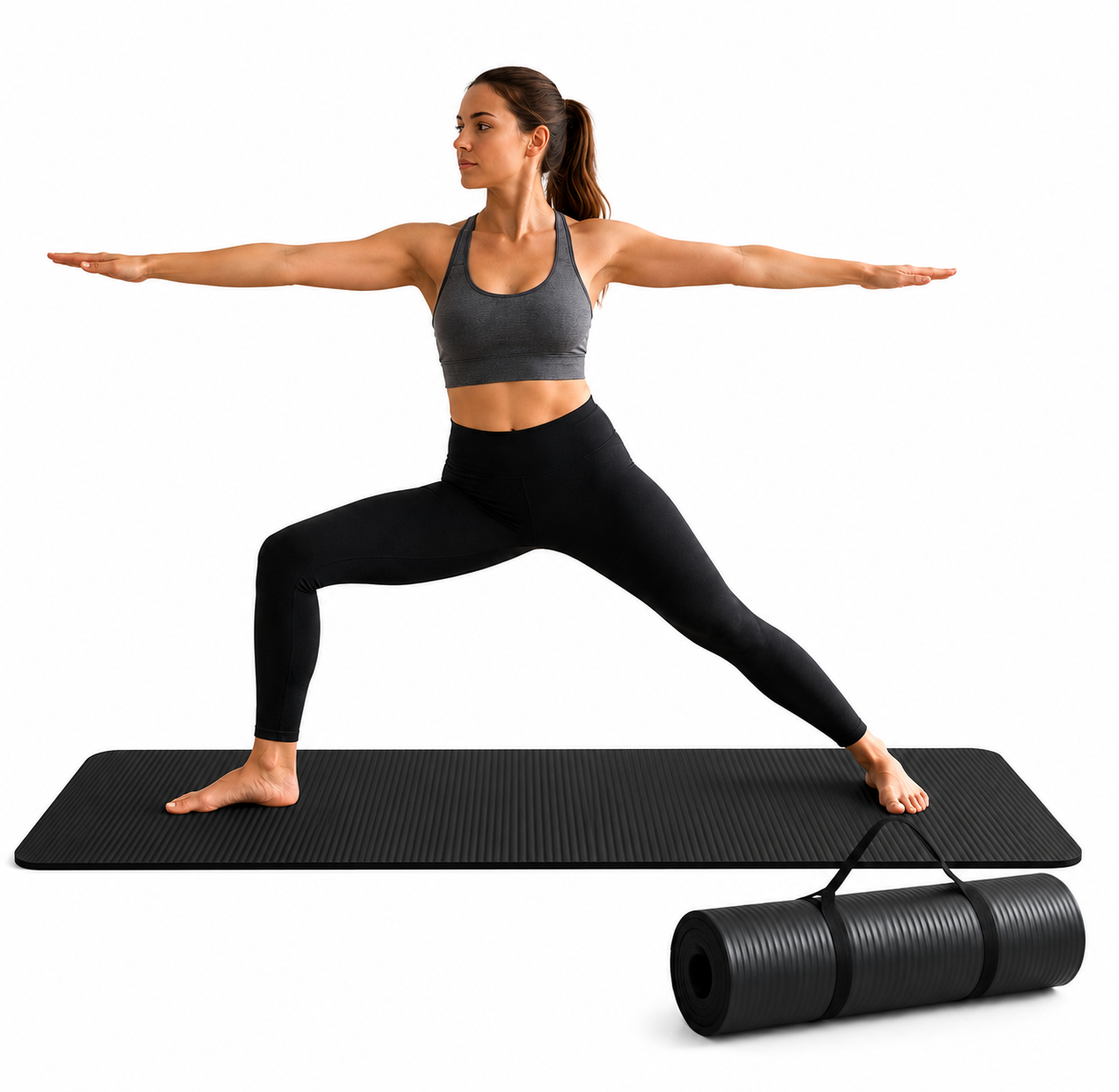 Extra Thick Yoga Mat with Carrying Strap, 1/2-Inch Cushioned Exercise & Fitness Mat, Non-Slip, Black