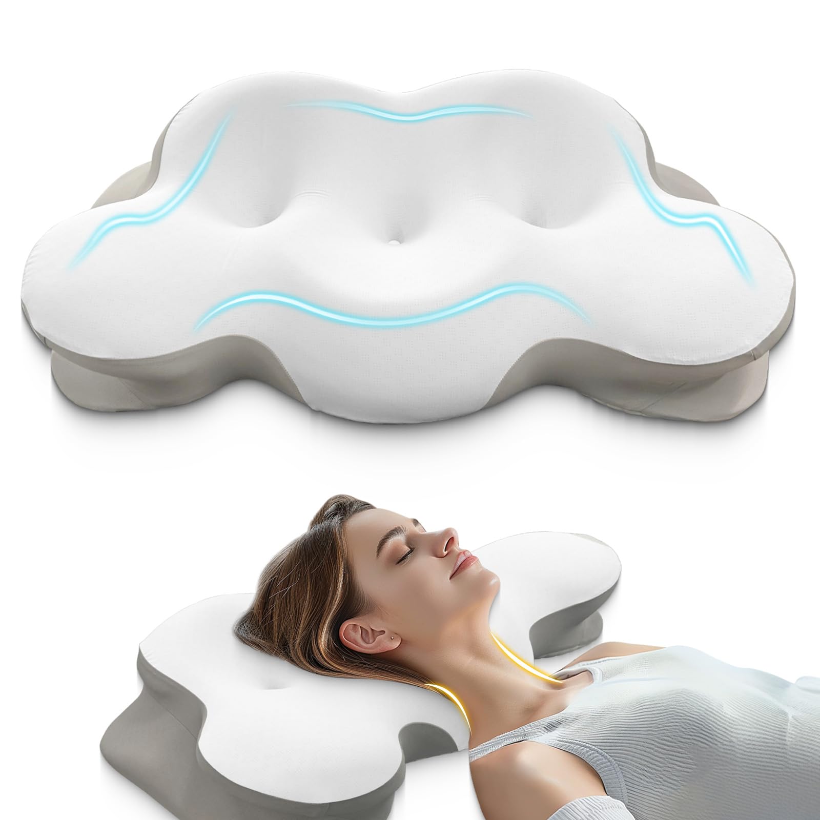 Neck Pillow for Neck & Shoulder Support, Ergonomic Memory Foam Contour Pillow for Side & Back Sleepers, Light White